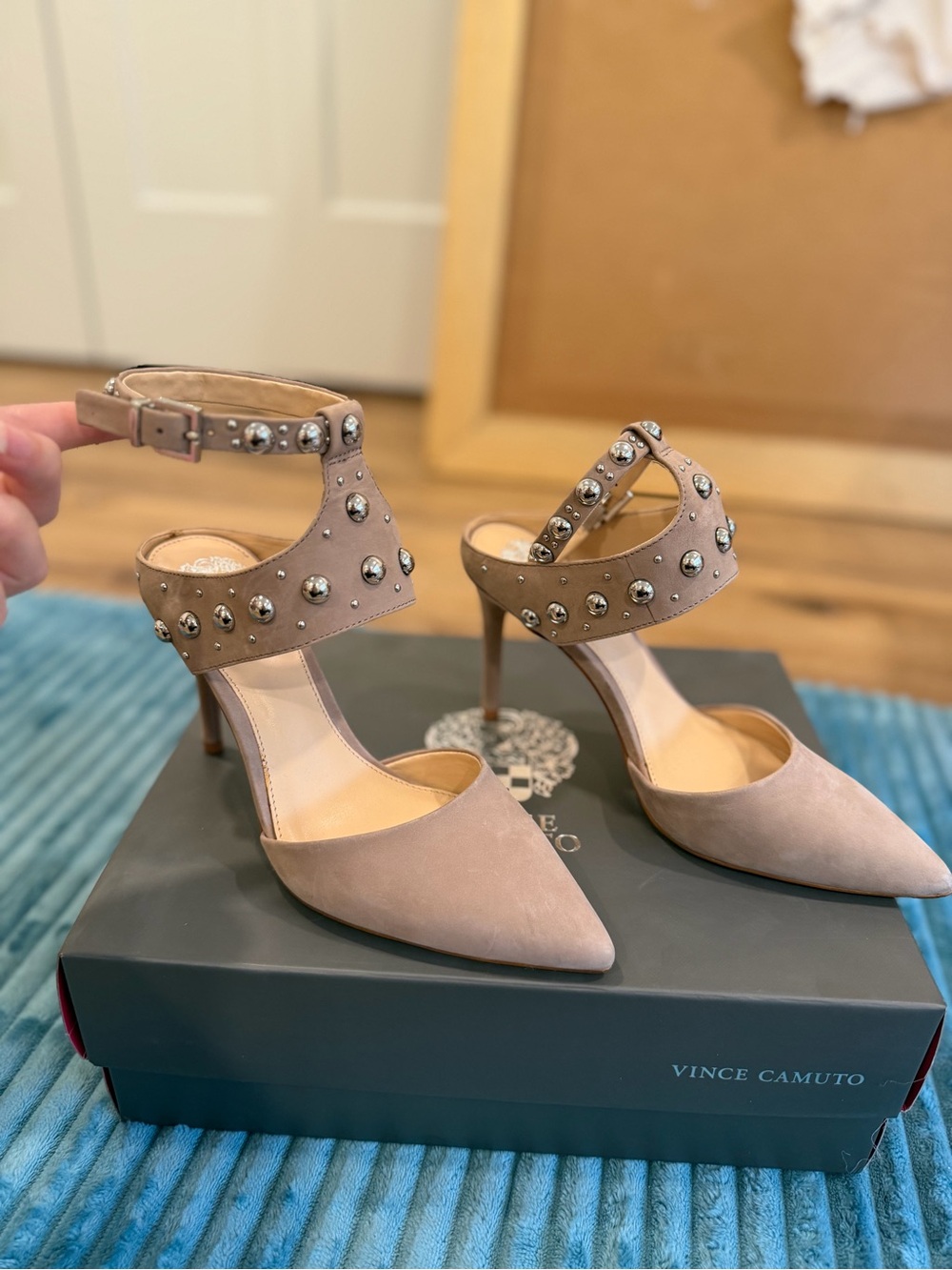 Vince Camuto Blush Studded Ankle-Strap Pointed-Toe Heeles